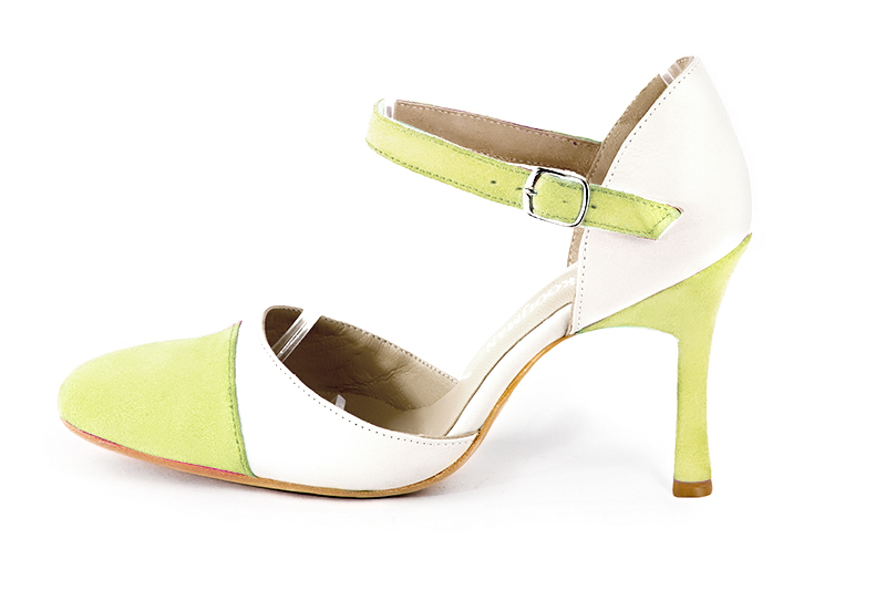 Pistachio green and off white women's open side shoes, with an instep strap. Round toe. Very high slim heel. Profile view - Florence KOOIJMAN